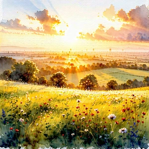 Nature Watercolor Painting: Meadow During Golden Hour With Painting Beautiful