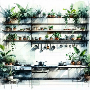 Lifestyle Charcoal Drawing: Modern Kitchen With Plants And Natural Elements With Painting Kitchen