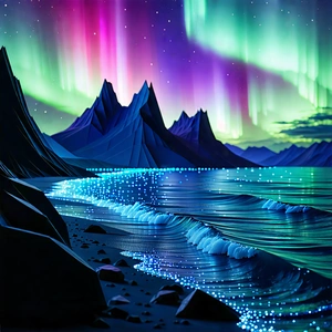 Nature Low Poly: Northern Lights Over Coastline With Beautiful Scene