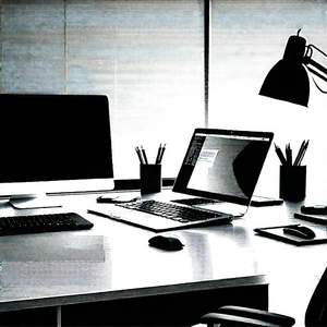 Business Woodcut Print: Workplace With Digital (devices:1.38) On Desk With Image, There