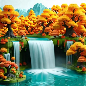 Nature Blueprint Style: Waterfall pool surrounded by autumn trees