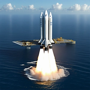 A Large Rocket Ship Is Seen Flying Over The Ocean, With A Space Shuttle In The Background