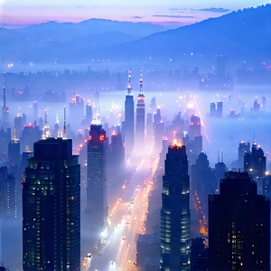 Urban Matte Painting: Cityscape Of Modern Metropolis During Foggy Morning With Cityscape Captured