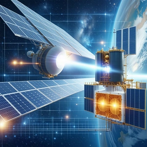 A Spacecraft With A Solar Panel On Its Side, Flying Through The Vast Expanse Of Space