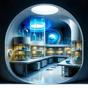 Tech Lithograph: Futuristic Research Laboratory With Image, There