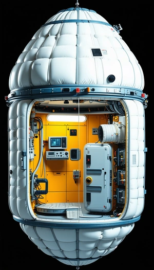 In The Image, There Is A Large White And Yellow Spacecraft With A Hatch Open