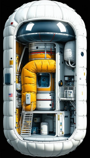 In The Image, There Is A Large White Spacecraft With A Yellow And Red Tube Running Through It