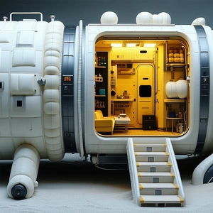 A Large White Spacecraft With A Door Open, Revealing A Cozy Interior