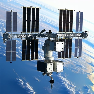 A Space Shuttle Is Flying Through The Sky, With A Large Satellite Attached To The Bottom Of It