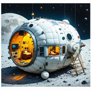 A Large, White, Round Spacecraft With A Ladder Leading To The Top
