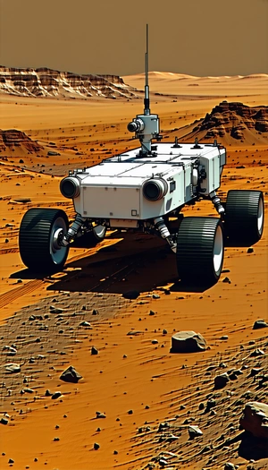 A White Robot Is Driving On A Dirt Road