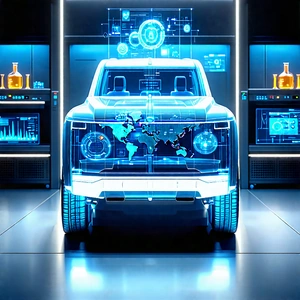 Tech Matte Painting: Automotive Technology In Modern Laboratory With Futuristic Displayed