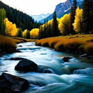 Nature Stock Photography: (mountain:1.26) Stream Surrounded By Autumn Trees With Beautiful Scene