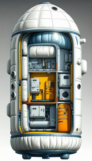 In This Image, There Is A Large White And Blue Spacecraft With A Yellow Interior