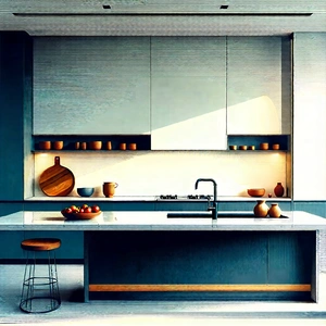 Lifestyle Linocut Print: Modern Kitchen With (minimalist:1.46) Decor With Large, Modern