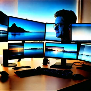 Business Digital Illustration: Creative professional using multiple monitors