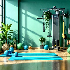 Lifestyle Diagram Style: Wellness scene with fitness equipment