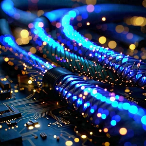 Close-up Of Fiber Optic Cables With Close-up Blue