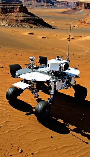 A Large, White, And Silver Robotic Vehicle On A Sandy Surface