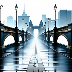 Urban Pencil Sketch: Iconic Bridge With Rain-slicked Streets With Painting Bridge
