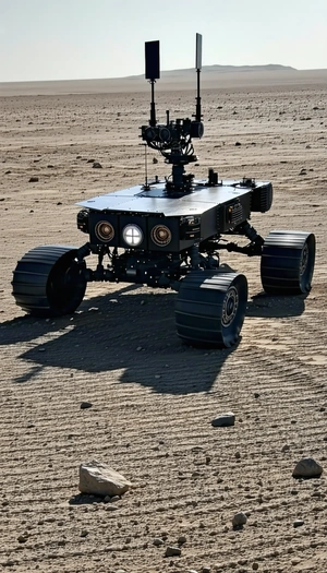 A Robotic Vehicle Is Sitting On A Dirt Field