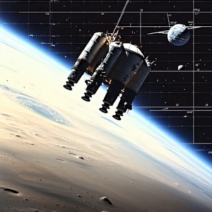 A Spacecraft Flying Through The Air, With A Large Satellite Attached To The Bottom Of It