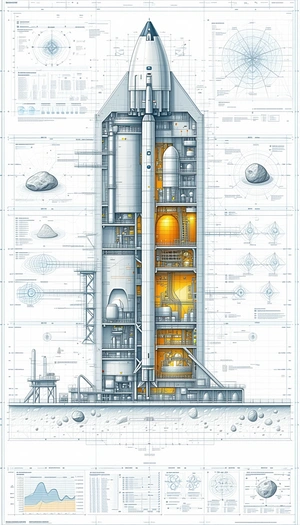 A Large, Detailed Drawing Of A Space Shuttle Is Displayed On A Wall