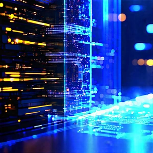 Quantum Computer With Blue Light Glow With Blue Yellow