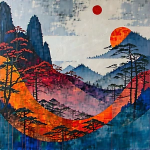 Abstract Ukiyo-e Style: Textural Abstract With Complementary Color Palette With Painting Mountainous