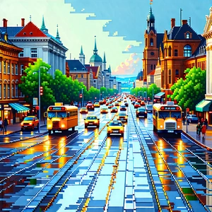 Urban Voxel Art: Cityscape of historic (city:1.3) center during rush hour