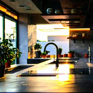 Lifestyle Stock Photography: (modern:1.14) Kitchen With Warm Lighting With Large Kitchen
