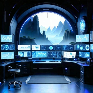Futuristic (digital:1.11) Workspace With Image, There