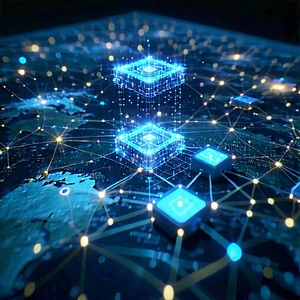 Tech Editorial Photography: Blockchain Network Visualization With Blue White