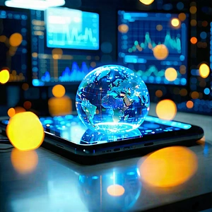 Tech Digital Art: Educational Technology In Research Center With Cell Phone