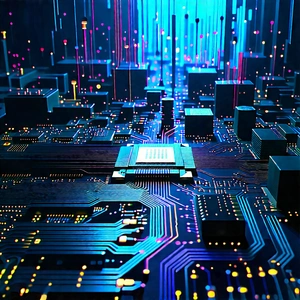 Circuit Board With Data Streams With Futuristic Cityscape