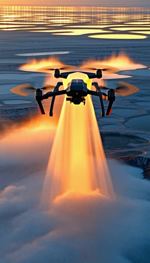 A Large Drone Is Flying Over A Mountain, With Its Powerful Lights Illuminating The Area Below