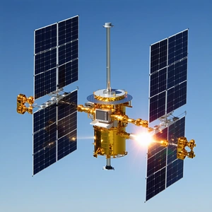 A Spacecraft Is Shown In A Blue Sky, With Its Solar Panels Open