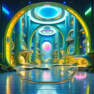 Tech Acrylic Painting: (futuristic:1.29) Innovation Hub With Image, There