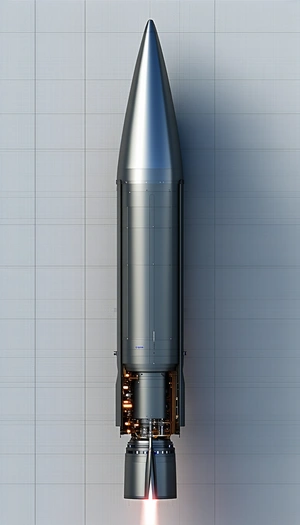 A Large Rocket Is Shown In A White Room, With A Gray Background