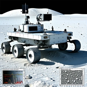A White Robotic Vehicle, Possibly A Rover, Parked On A Rocky Surface