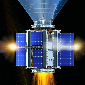 A Large Satellite Dish With A Blue And White Color Scheme