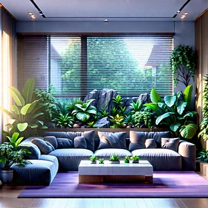 Lifestyle Etching: Cozy Living Room With Plants And Natural Elements With Image, There