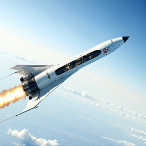 A White Space Shuttle Is Flying Through The Sky, Leaving A Trail Of Smoke Behind It