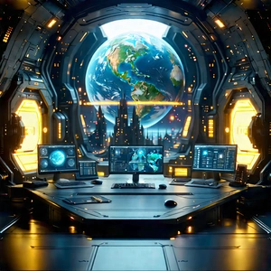 (futuristic:1.44) Tech Startup Office With Futuristic Setting,