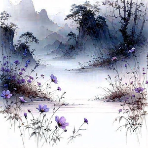 Nature Pencil Sketch: Wildflowers In Misty Environment With Serene Landscape