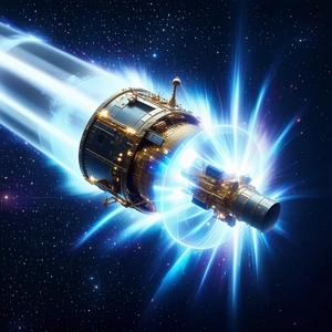 In The Image, There Is A Spacecraft With A Blue And Gold Color Scheme, Flying Through The Night Sky