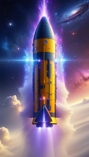 A Large, Yellow Rocket Ship With A Blue Stripe On It, Soaring Through The Sky