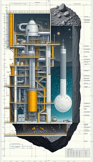 A Large Industrial Building Is Shown In A Drawing, With A Large White Sphere In The Foreground