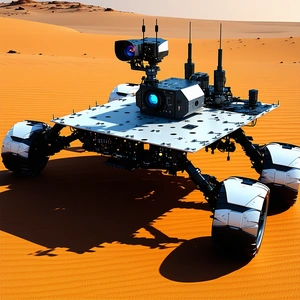A White Robotic Vehicle With A Camera On Top, Driving Across A Sandy Terrain