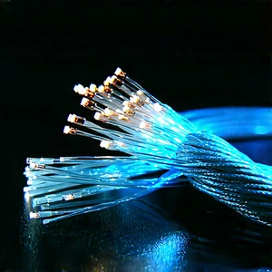 Close-up Of Fiber Optic Cables With Blue Wire